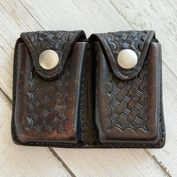 Vintage Safety Speed Leather Double Pouch Basketweave Montebello CA Dark Brown - Picture 1 of 10